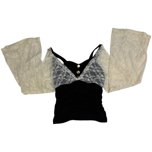 Lace Bell Sleeve Baroque Steampunk Shoulder Cut Out Black & Cream Top - Picture 1 of 9